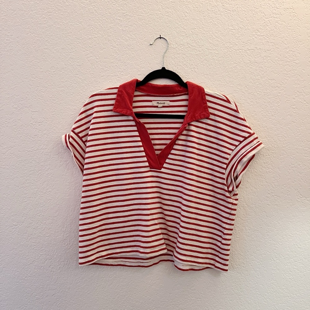 Madewell Red and White Short Sleeve Crop Polo T-shirt - Picture 1 of 6